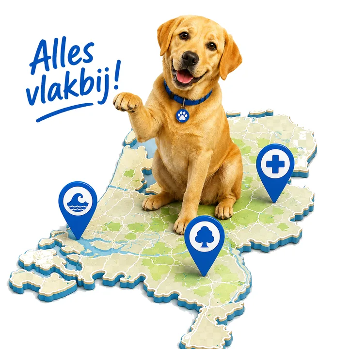 Doggo op een kaart van Nederland met 'Alles vlakbij!'