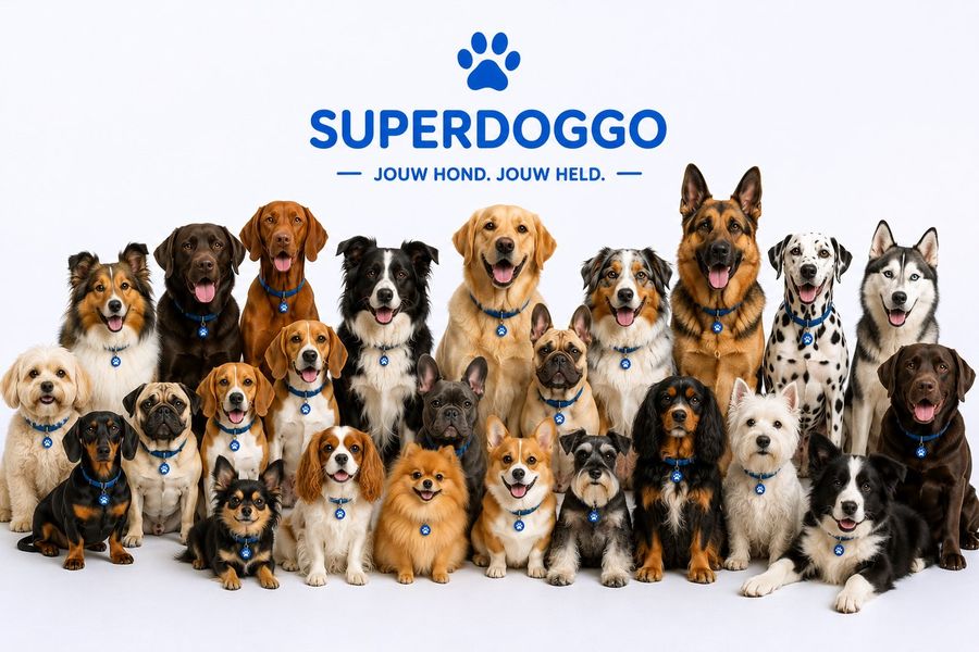 Allerlei hondenrassen naast elkaar onder het SuperDoggo-logo