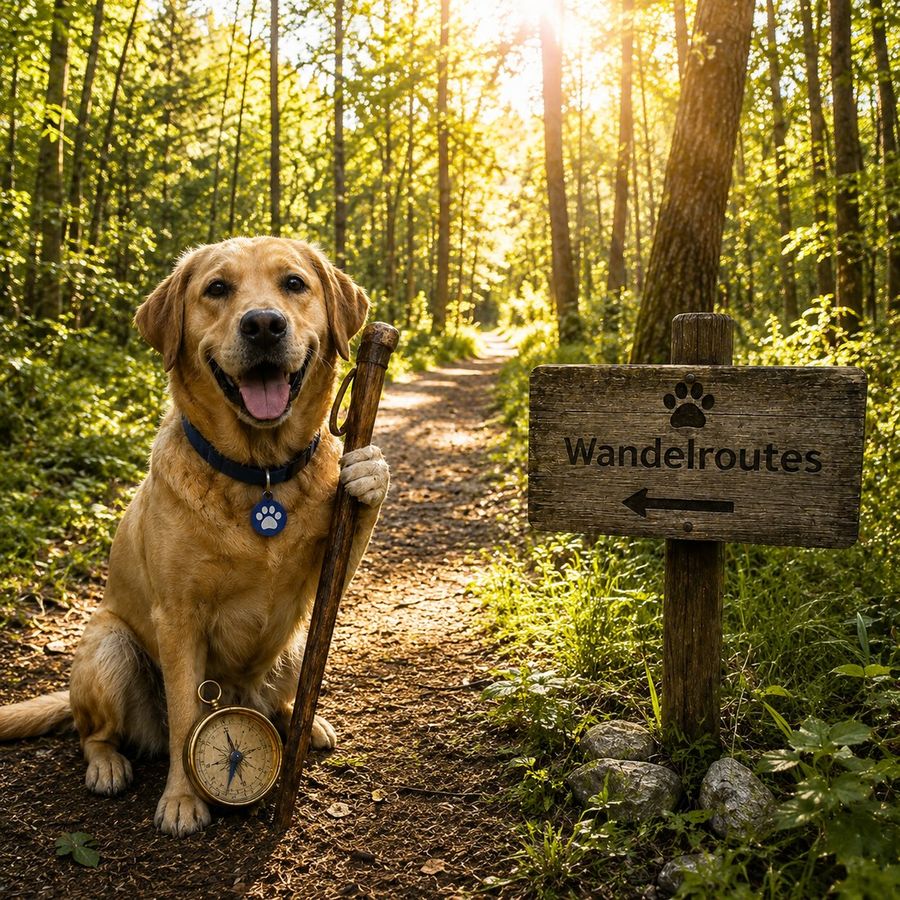 Doggo met een kompas op een bospad