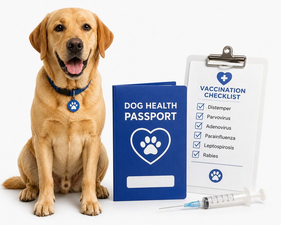Doggo naast een gezondheidspaspoort met vaccinatielijst