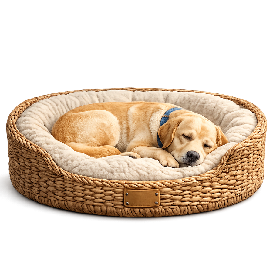 Doggo slaapt in een mand