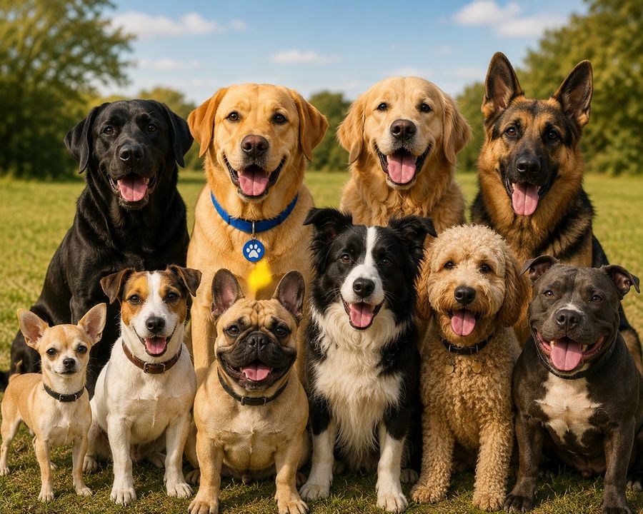 Een groep honden van allerlei rassen bij elkaar