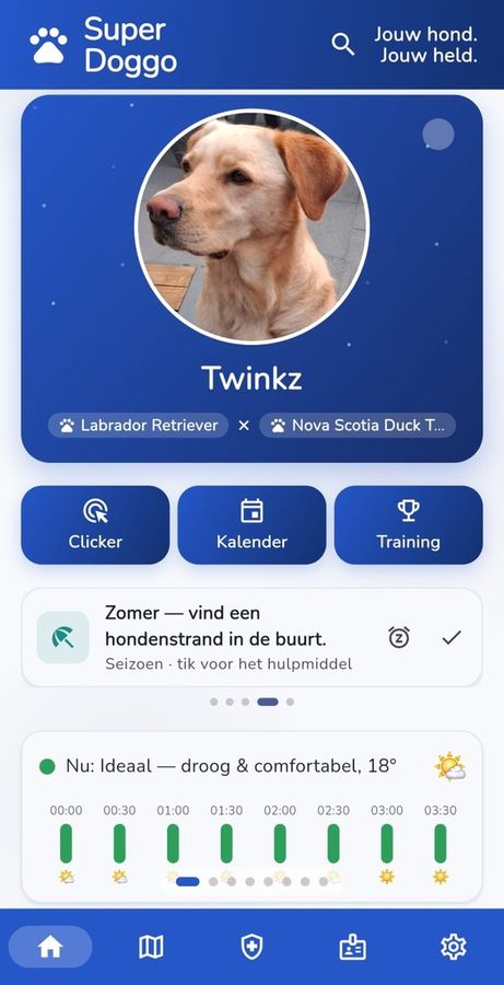 Het startscherm van de SuperDoggo-app